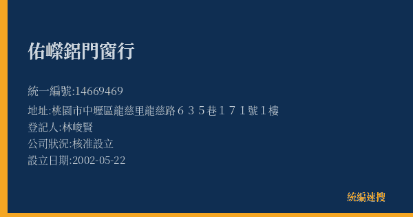 佑嶸鋁門窗行的照片-統編 14669469(桃園市) 公司登記資料與營業項目詳細圖表