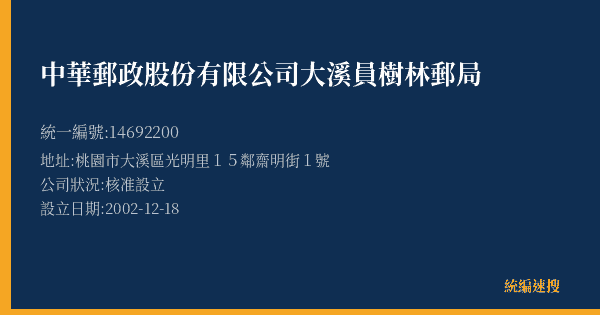 中華郵政股份有限公司大溪員樹林郵局的照片-統編 14692200(桃園市) 公司登記資料與營業項目詳細圖表