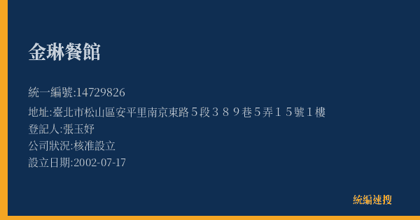 金琳餐館的照片-統編 14729826(臺北市) 公司登記資料與營業項目詳細圖表