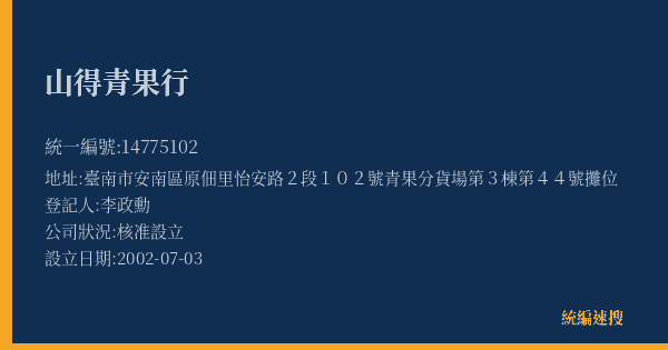 山得青果行的照片-統編 14775102(臺南市) 公司登記資料與營業項目詳細圖表