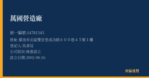 萬國營造廠的照片-統編 14781343(臺南市) 公司登記資料與營業項目詳細圖表