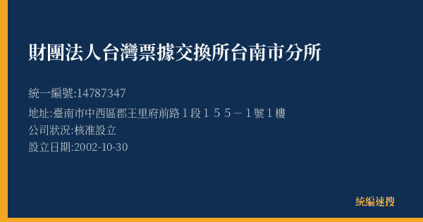 財團法人台灣票據交換所台南市分所的照片-統編 14787347(臺南市) 公司登記資料與營業項目詳細圖表