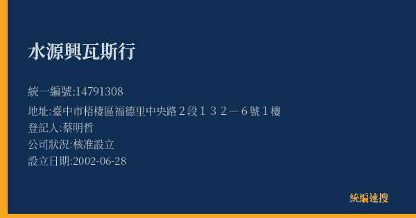 水源興瓦斯行的照片-統編 14791308(臺中市) 公司登記資料與營業項目詳細圖表