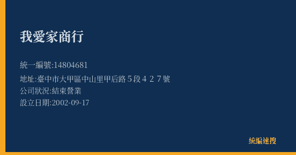 我愛家商行的照片-統編 14804681(臺中市) 公司登記資料與營業項目詳細圖表