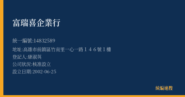 富瑞喜企業行的照片-統編 14832589(高雄市) 公司登記資料與營業項目詳細圖表