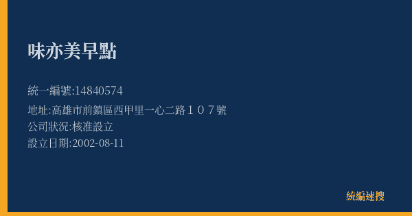 味亦美早點的照片-統編 14840574(高雄市) 公司登記資料與營業項目詳細圖表