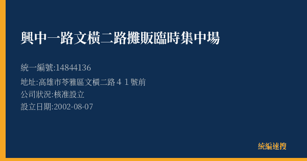 興中一路文橫二路攤販臨時集中場的照片-統編 14844136(高雄市) 公司登記資料與營業項目詳細圖表