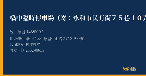 橋中臨時停車場(寄:永和市民有街75巷10弄5號3樓的照片-統編 14889132(新北市) 公司登記資料與營業項目詳細圖表