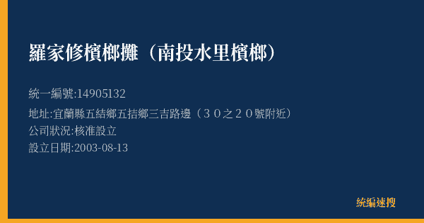 羅家修檳榔攤(南投水里檳榔)的照片-統編 14905132(宜蘭縣) 公司登記資料與營業項目詳細圖表