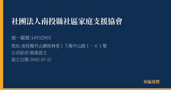 社團法人南投縣社區家庭支援協會的照片-統編 14932905(南投縣) 公司登記資料與營業項目詳細圖表