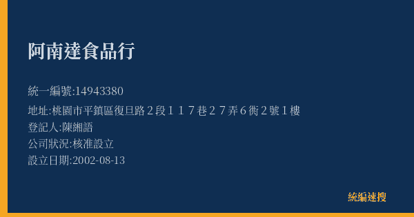 阿南達食品行的照片-統編 14943380(桃園市) 公司登記資料與營業項目詳細圖表