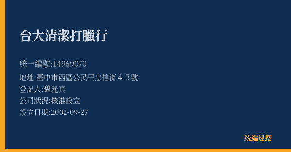 台大清潔打臘行的照片-統編 14969070(臺中市) 公司登記資料與營業項目詳細圖表
