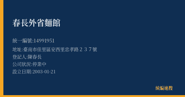 春長外省麵館的照片-統編 14991951(臺南市) 公司登記資料與營業項目詳細圖表