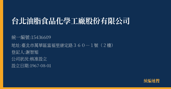 台北油脂食品化學工廠股份有限公司的照片-統編 15436609(臺北市) 公司登記資料與營業項目詳細圖表
