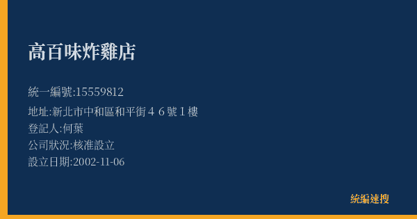 高百味炸雞店的照片-統編 15559812(新北市) 公司登記資料與營業項目詳細圖表