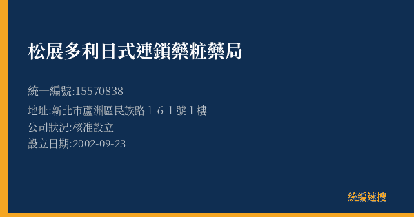 松展多利日式連鎖藥粧藥局的照片-統編 15570838(新北市) 公司登記資料與營業項目詳細圖表