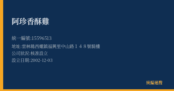 阿珍香酥雞的照片-統編 15596513(雲林縣) 公司登記資料與營業項目詳細圖表