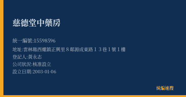慈德堂中藥房的照片-統編 15598596(雲林縣) 公司登記資料與營業項目詳細圖表