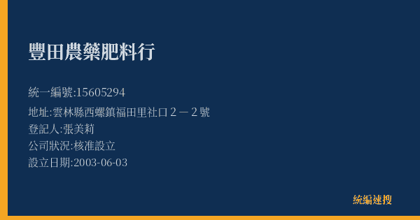 豐田農藥肥料行的照片-統編 15605294(雲林縣) 公司登記資料與營業項目詳細圖表