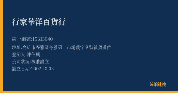 行家華洋百貨行的照片-統編 15613040(高雄市) 公司登記資料與營業項目詳細圖表