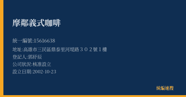 摩鄰義式咖啡的照片-統編 15616638(高雄市) 公司登記資料與營業項目詳細圖表