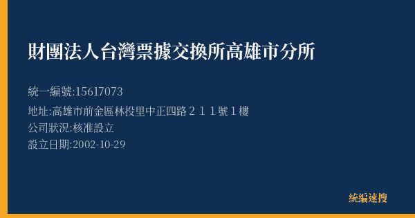 財團法人台灣票據交換所高雄市分所的照片-統編 15617073(高雄市) 公司登記資料與營業項目詳細圖表