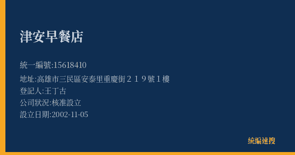 津安早餐店的照片-統編 15618410(高雄市) 公司登記資料與營業項目詳細圖表