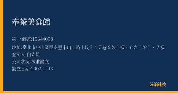 奉茶美食館的照片-統編 15644058(臺北市) 公司登記資料與營業項目詳細圖表