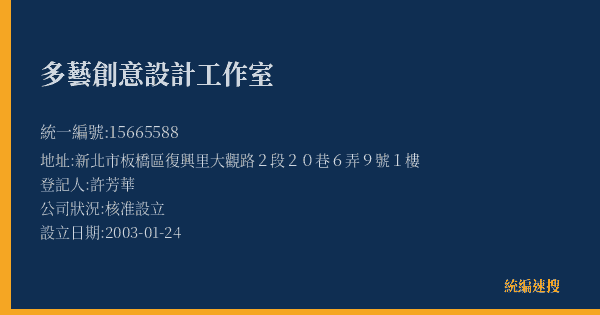 多藝創意設計工作室的照片-統編 15665588(新北市) 公司登記資料與營業項目詳細圖表