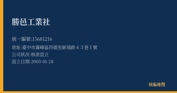 勝邑工業社的照片-統編 15681216(臺中市) 公司登記資料與營業項目詳細圖表