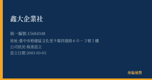 鑫大企業社的照片-統編 15684348(臺中市) 公司登記資料與營業項目詳細圖表