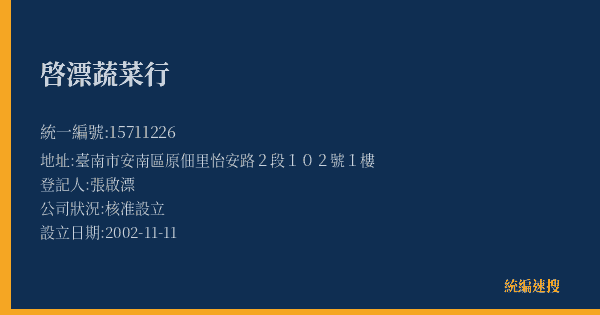 啓漂蔬菜行的照片-統編 15711226(臺南市) 公司登記資料與營業項目詳細圖表