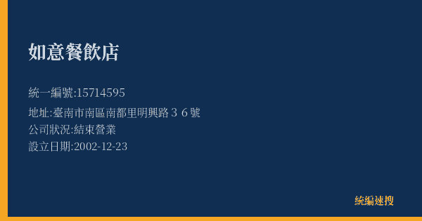 如意餐飲店的照片-統編 15714595(臺南市) 公司登記資料與營業項目詳細圖表