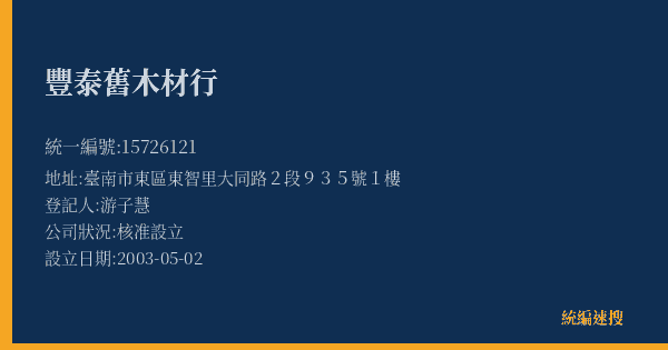豐泰舊木材行的照片-統編 15726121(臺南市) 公司登記資料與營業項目詳細圖表