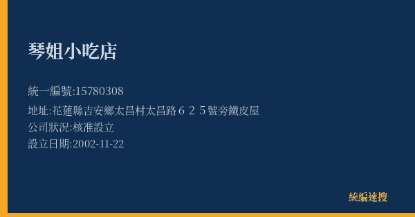 琴姐小吃店的照片-統編 15780308(花蓮縣) 公司登記資料與營業項目詳細圖表