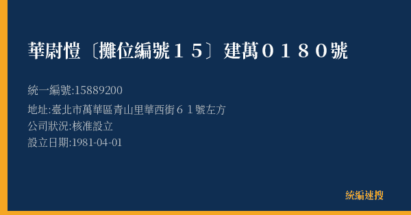 華尉愷〔攤位編號15〕建萬0180號的照片-統編 15889200(臺北市) 公司登記資料與營業項目詳細圖表
