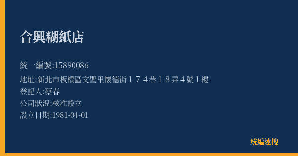 合興糊紙店的照片-統編 15890086(新北市) 公司登記資料與營業項目詳細圖表