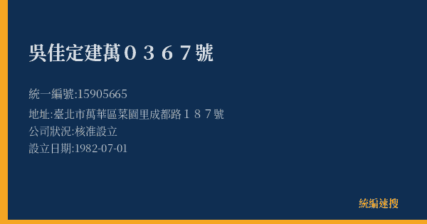 吳佳定建萬0367號的照片-統編 15905665(臺北市) 公司登記資料與營業項目詳細圖表