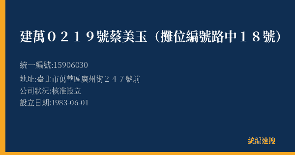 建萬0219號蔡美玉(攤位編號路中18號)的照片-統編 15906030(臺北市) 公司登記資料與營業項目詳細圖表