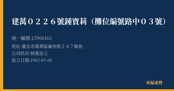 建萬0226號鍾寶莉(攤位編號路中03號)的照片-統編 15906165(臺北市) 公司登記資料與營業項目詳細圖表