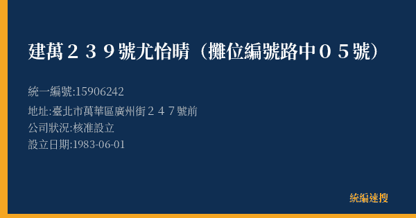 建萬239號尤怡晴(攤位編號路中05號)的照片-統編 15906242(臺北市) 公司登記資料與營業項目詳細圖表