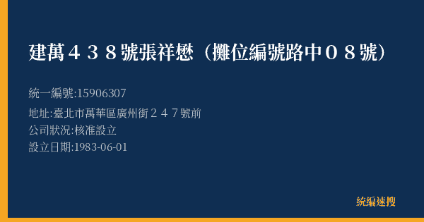 建萬438號張祥懋(攤位編號路中08號)的照片-統編 15906307(臺北市) 公司登記資料與營業項目詳細圖表