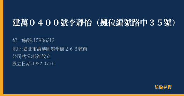 建萬0400號李靜怡(攤位編號路中35號)的照片-統編 15906313(臺北市) 公司登記資料與營業項目詳細圖表