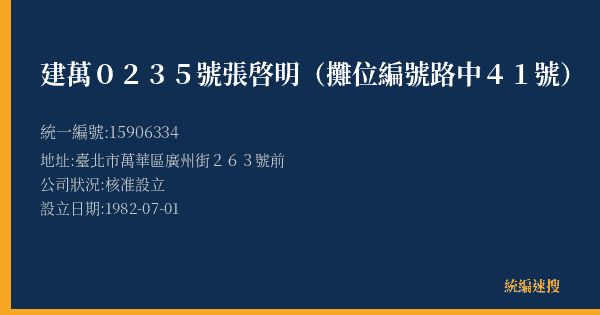建萬0235號張啓明(攤位編號路中41號)的照片-統編 15906334(臺北市) 公司登記資料與營業項目詳細圖表