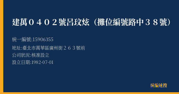建萬0402號呂玟炫(攤位編號路中38號)的照片-統編 15906355(臺北市) 公司登記資料與營業項目詳細圖表