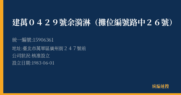 建萬0429號余漪淋(攤位編號路中26號)的照片-統編 15906361(臺北市) 公司登記資料與營業項目詳細圖表