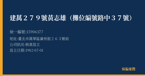 建萬279號黃志雄(攤位編號路中37號)的照片-統編 15906377(臺北市) 公司登記資料與營業項目詳細圖表