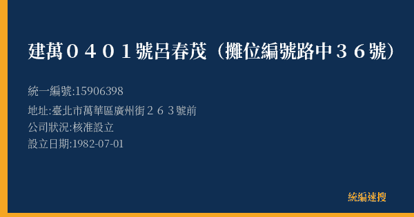 建萬0401號呂春茂(攤位編號路中36號)的照片-統編 15906398(臺北市) 公司登記資料與營業項目詳細圖表