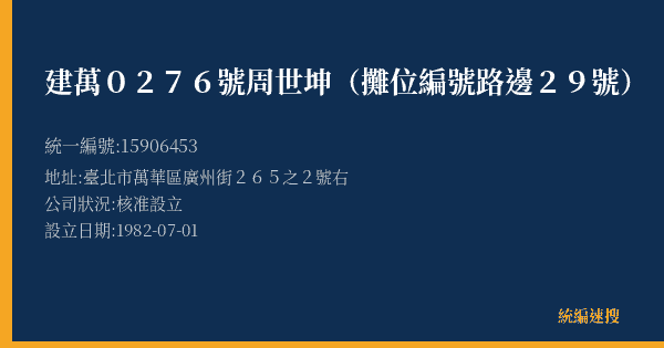 建萬0276號周世坤(攤位編號路邊29號)的照片-統編 15906453(臺北市) 公司登記資料與營業項目詳細圖表
