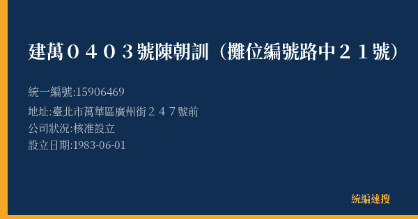 建萬0403號陳朝訓(攤位編號路中21號)的照片-統編 15906469(臺北市) 公司登記資料與營業項目詳細圖表